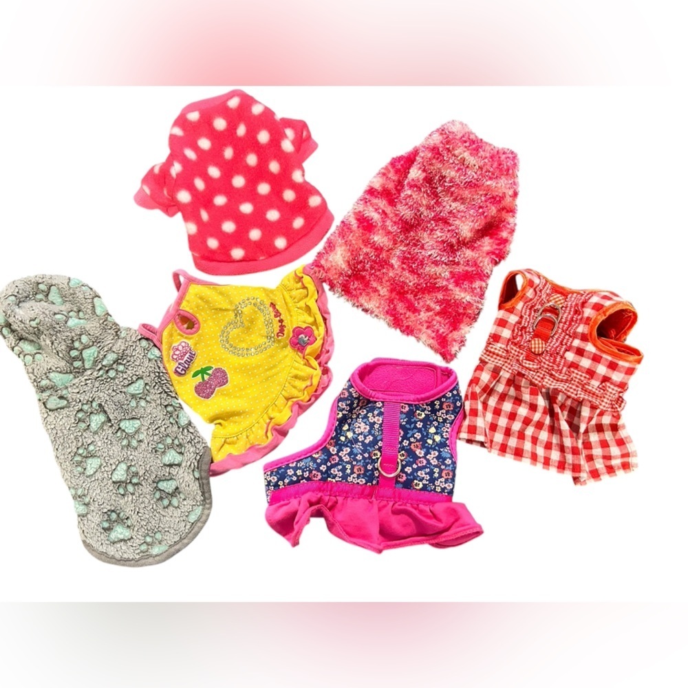 Lot of 6 Dog Clothes Extra Small 2 Harness Dresses 1 Sundress 3 Cozy